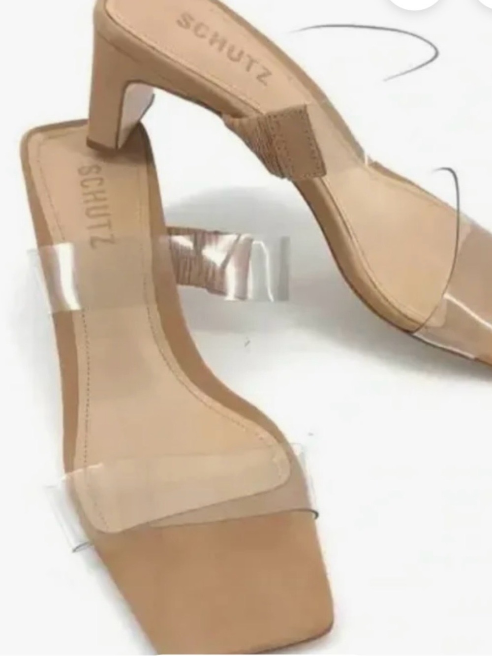 SCHUTZ Taina Clear Strap Tan Block Fancy Heel Sandals Leather 8M USA